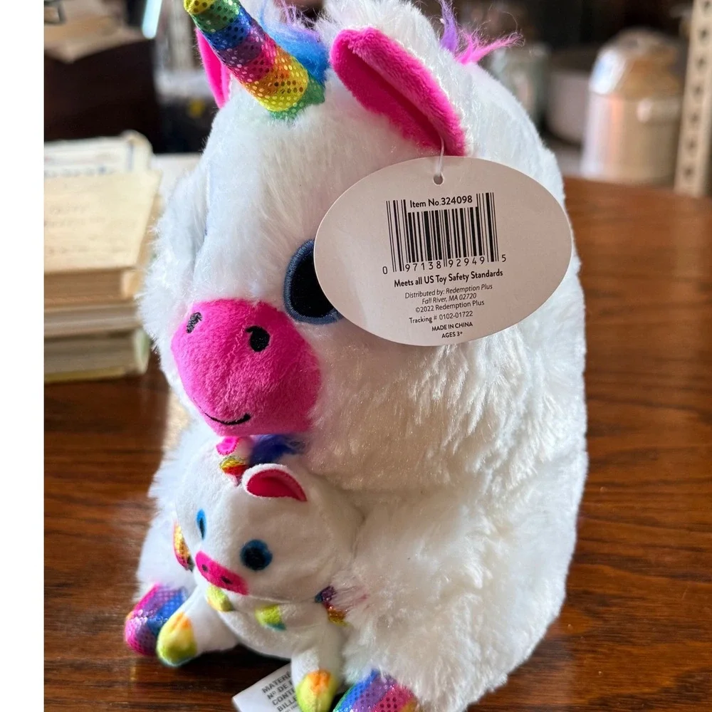 Redemption Plus White Plush Unicorn with Baby Rainbow Accents 8 Inch Kitschy